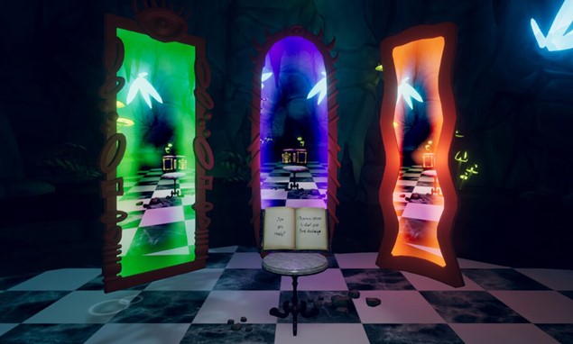 The player starts at the bottom of the rabbit hole, faced with a book and three mirrors.