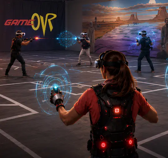 stylized image of people playing at Game OVR free roam arena