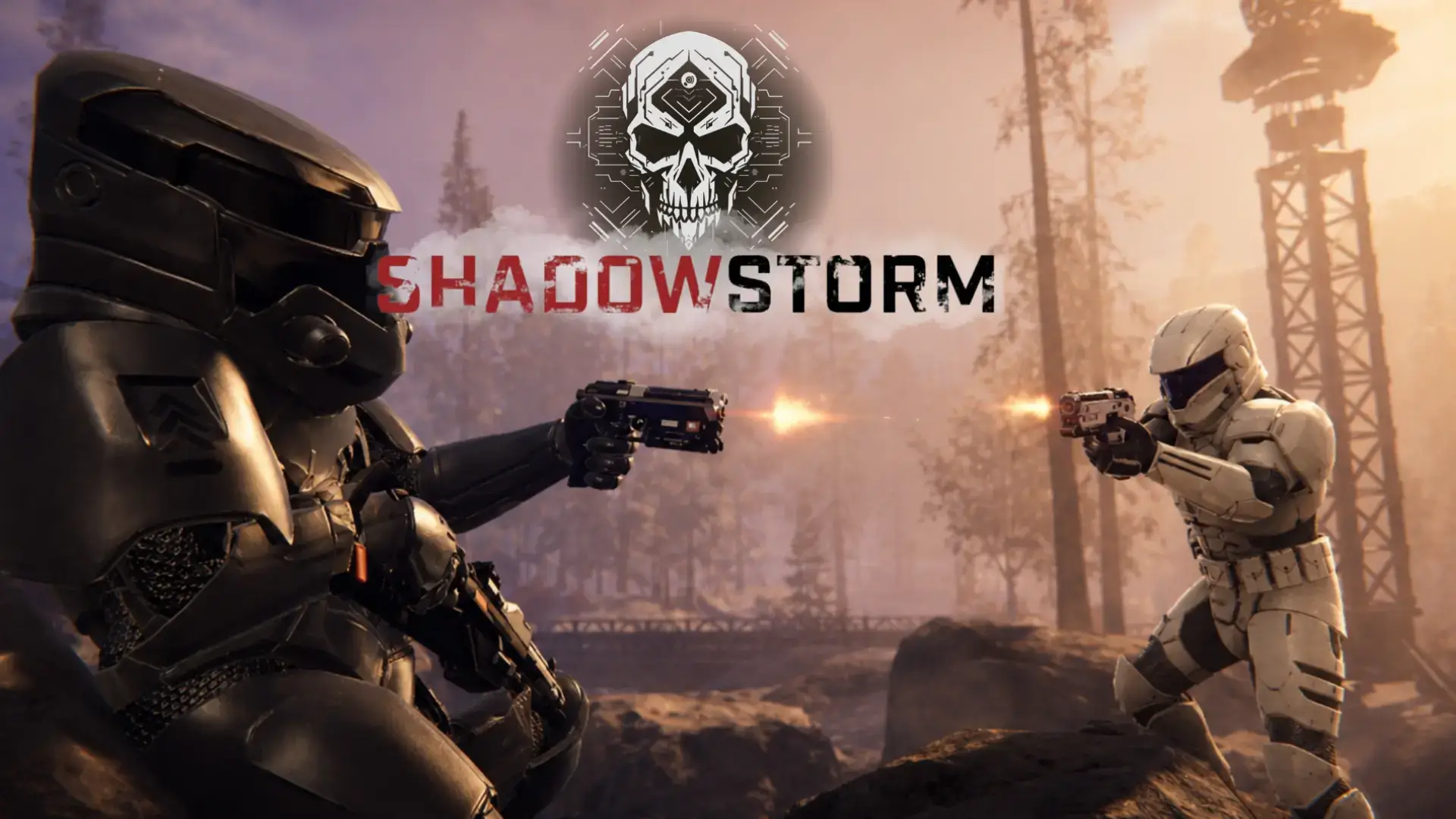 Shadowstorm VR main image showing two futuristic armored players facing off with the Shadow storm logo