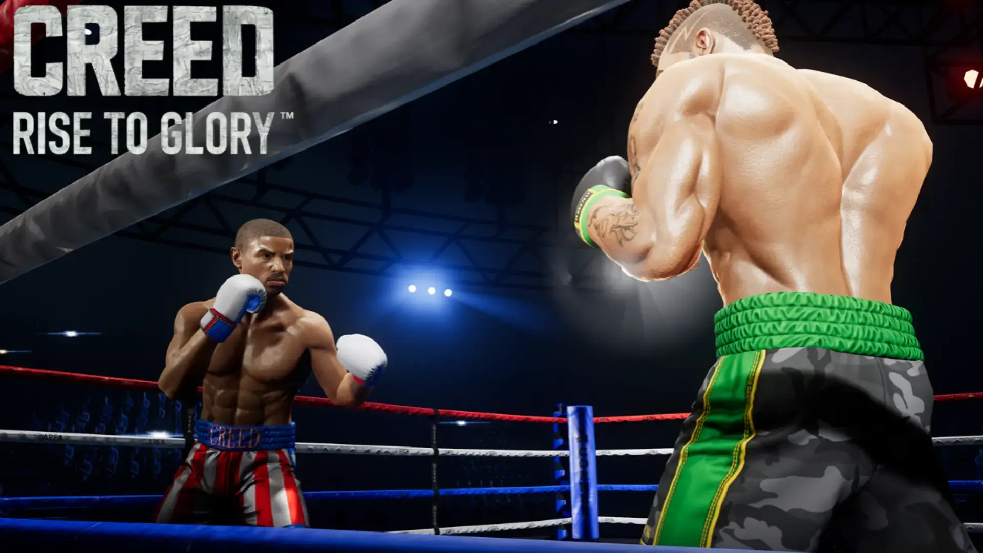 Adonis Creed prepares to fight a powerful opponent in the boxing ring in Creed Rise to Glory VR at Game OVR Edmonton