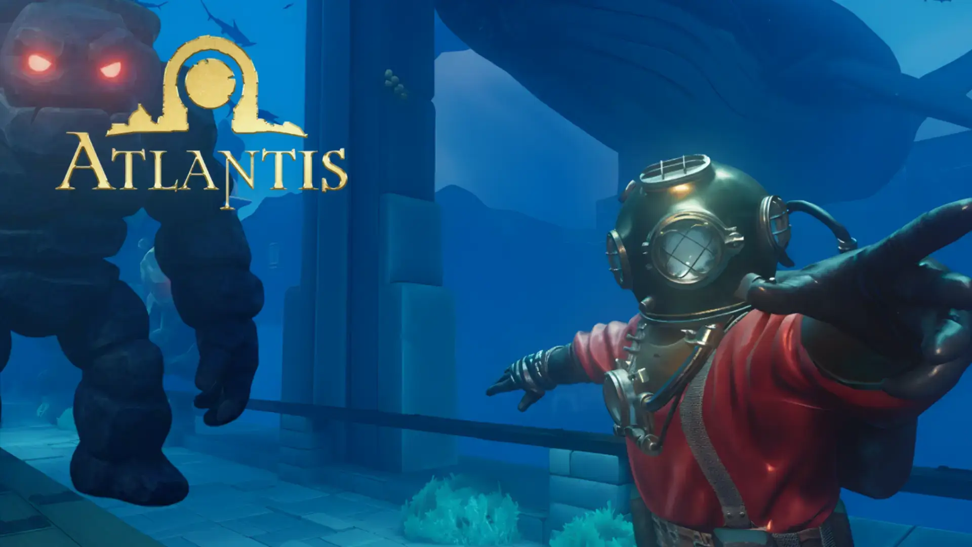 Diver in an old style deep sea helmet reaches forward as a stone golem approaches in Atlantis VR escape room at Game OVR Edmonton