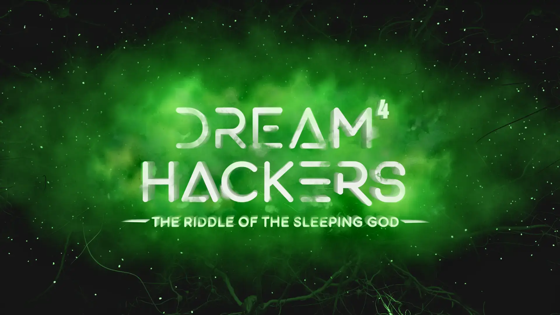 Dream Hackers 4 VR escape room title image with glowing green nebula background and “The Riddle of the Sleeping God” at Game OVR Edmonton