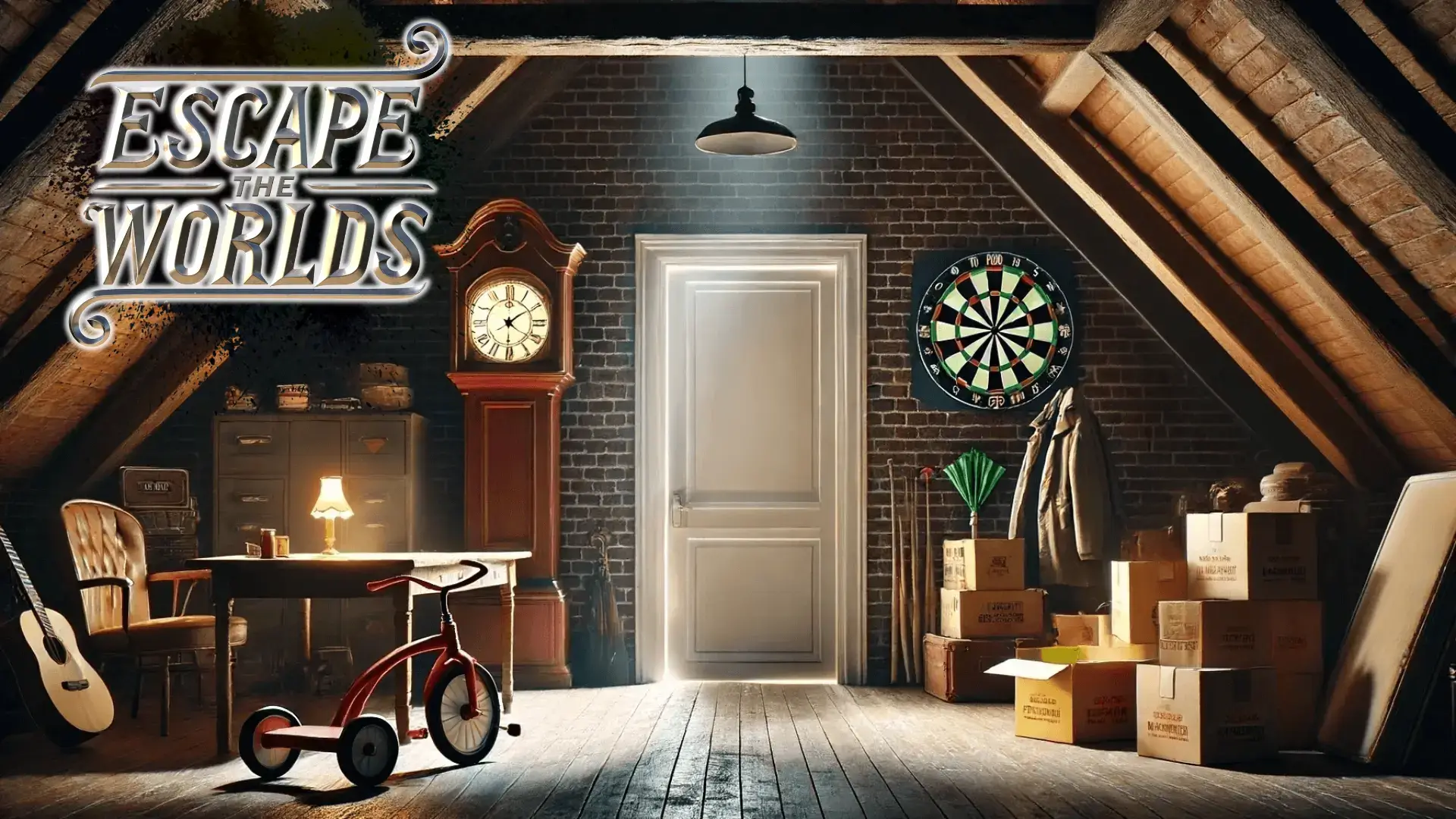 Main image for Escape the Worlds VR escape room, featuring a mysterious attic with a clock, dartboard, and glowing door.