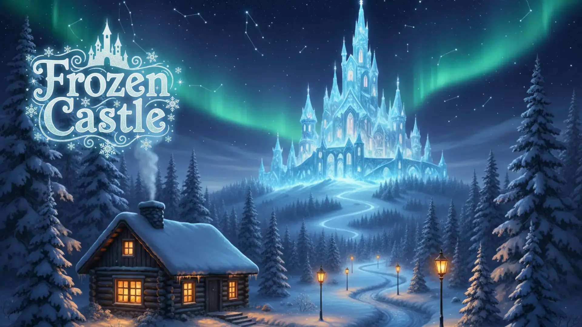 Frozen Castle VR escape room cover image showing a glowing ice castle above a snowy village at Game OVR Edmonton