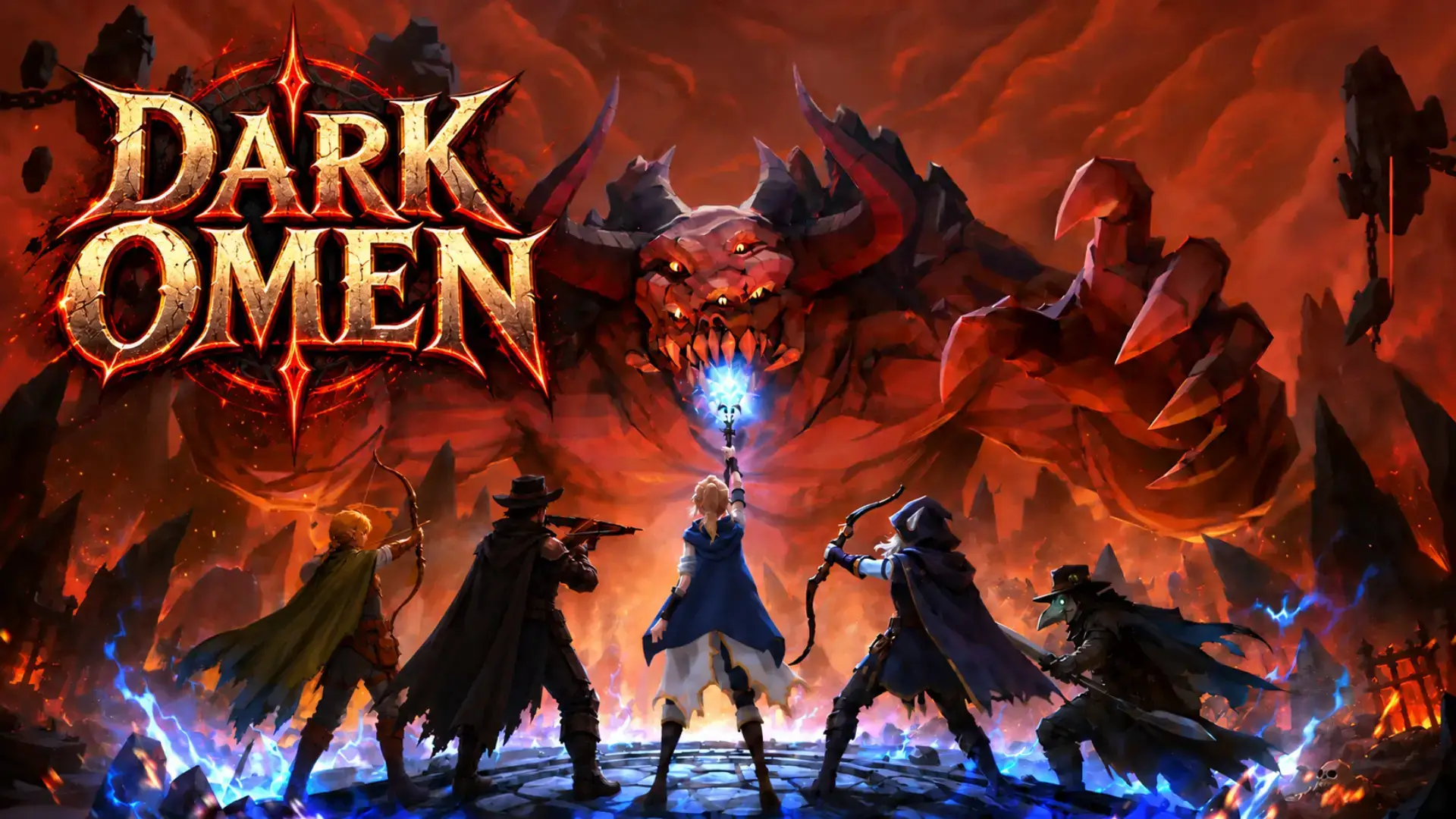 Arrowsong: Dark Omen promotional artwork showing four heroes facing a giant demon in a fiery underworld.