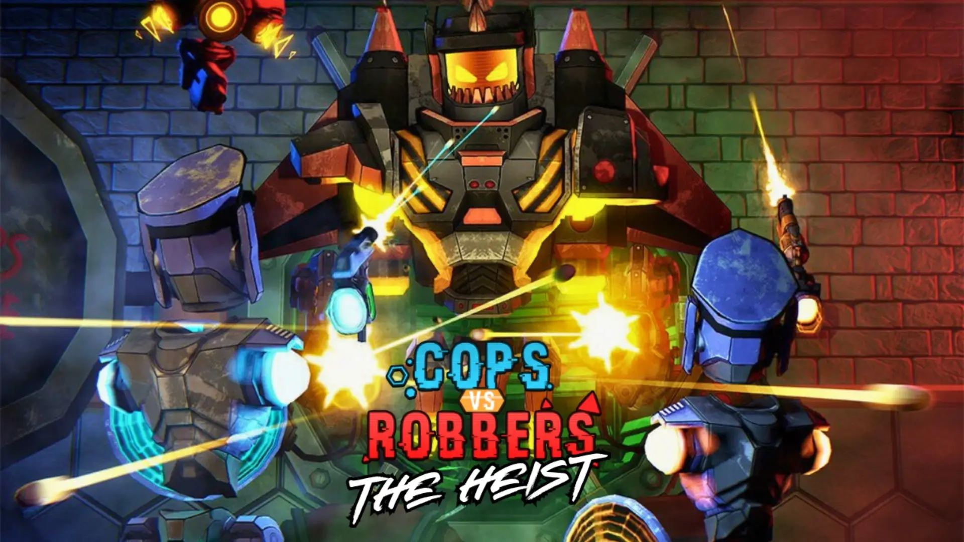 Cops VS Robbers The Heist VR game screenshot showing intense tactical standoff between armored police and robbers at Game OVR Edmonton