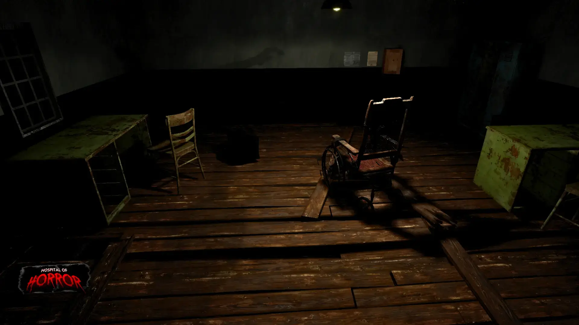 Abandoned hospital room in Hospital of Horror HeroZone VR experience at Game OVR Edmonton, featuring a rusted wheelchair and decayed furniture