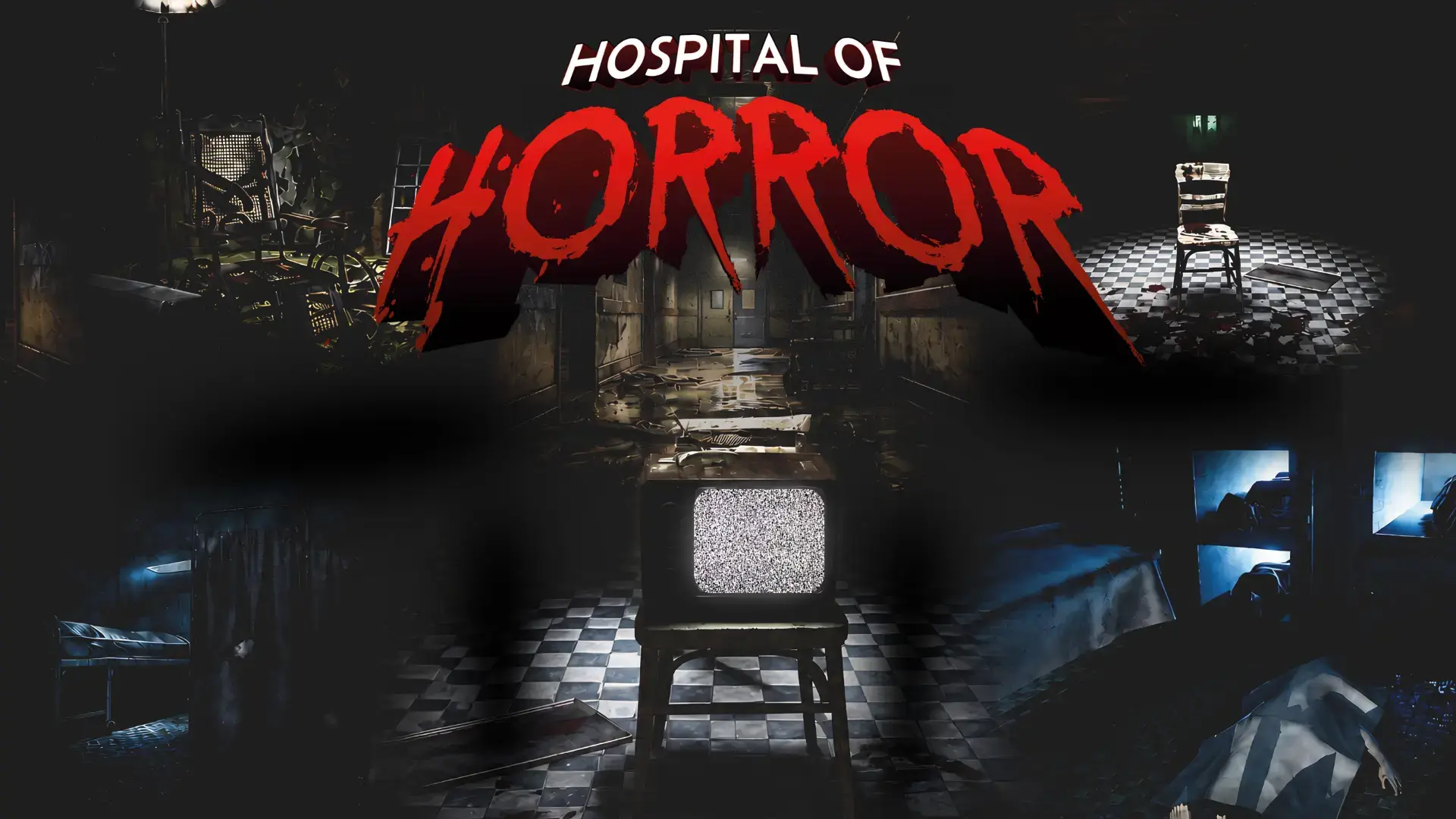 Hospital of Horror VR experience at Game OVR Edmonton, showing abandoned hospital corridors, a static television, and scenes of pure dread