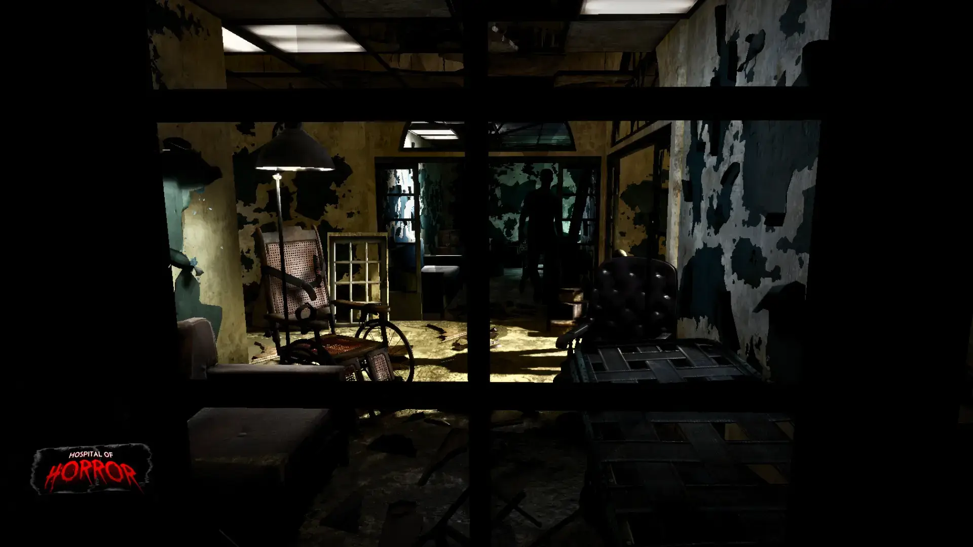Dimly lit abandoned hospital room viewed through a barred window in Hospital of Horror at Game OVR Edmonton, with peeling walls and a rocking chair under a single lamp