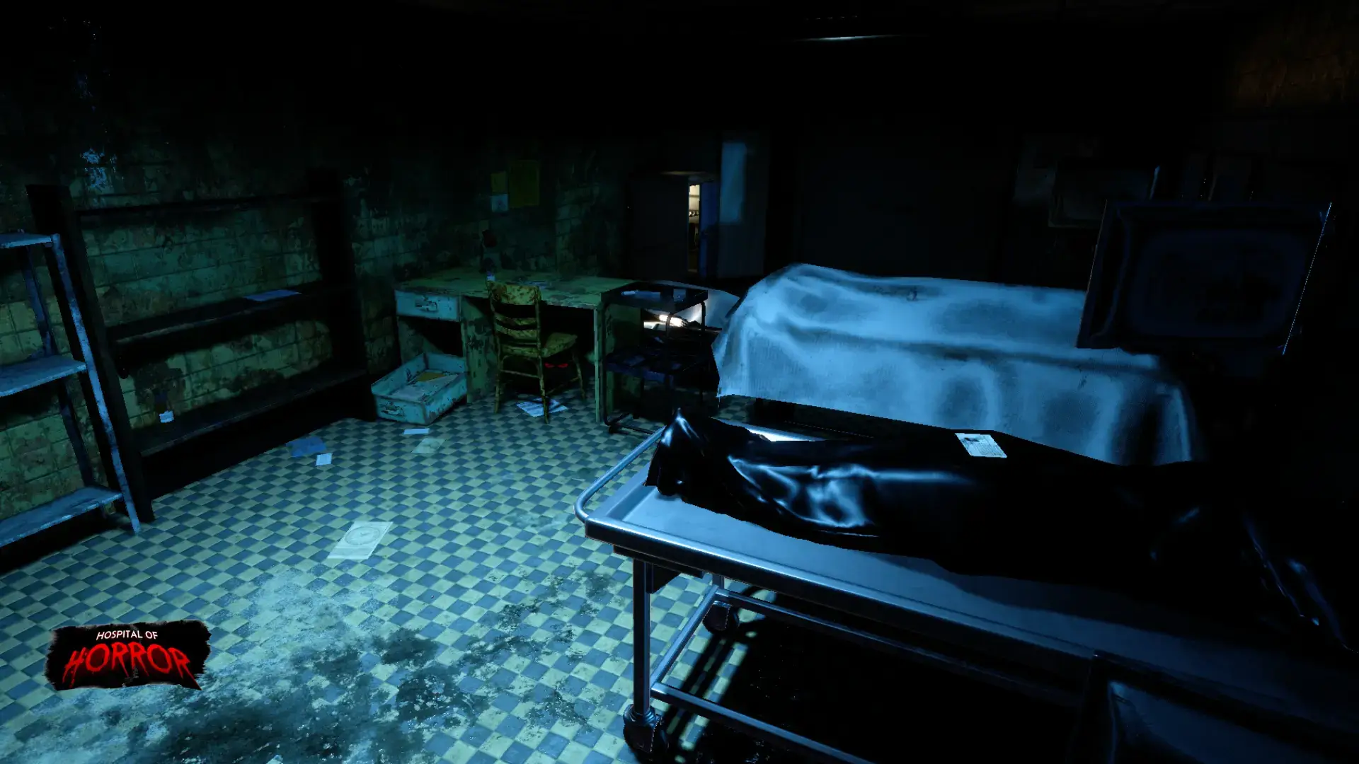 Dark morgue room with a body bag on a steel gurney in Hospital of Horror HeroZone VR at Game OVR Edmonton, featuring cracked tile floors and a single dim light