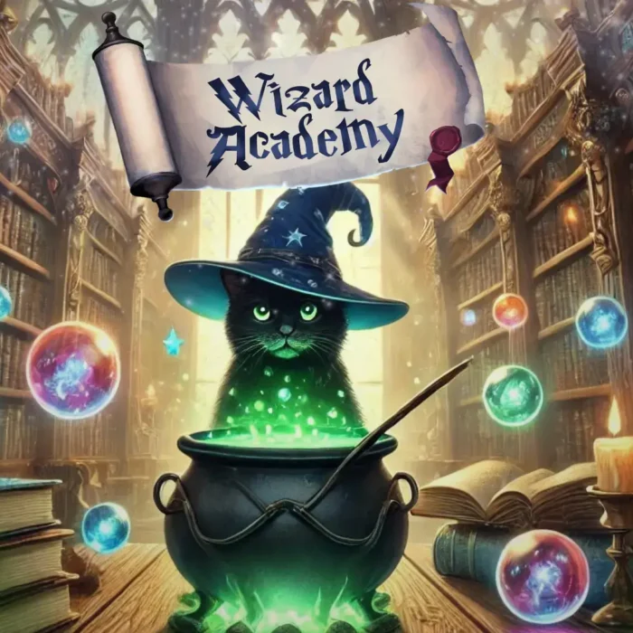 Black cat wearing a wizard hat stirring a glowing cauldron in a magical library with colorful orbs floating around.