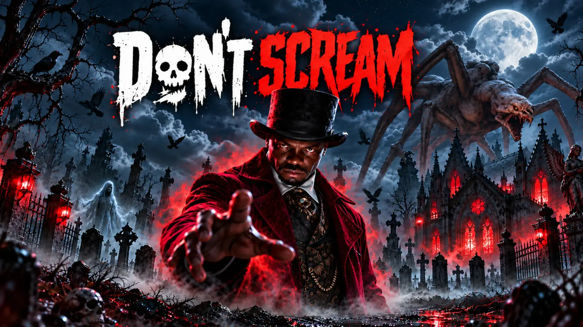 Don't Scream VR horror experience featuring the sinister host, a graveyard, church and giant monster at Game OVR Edmonton.