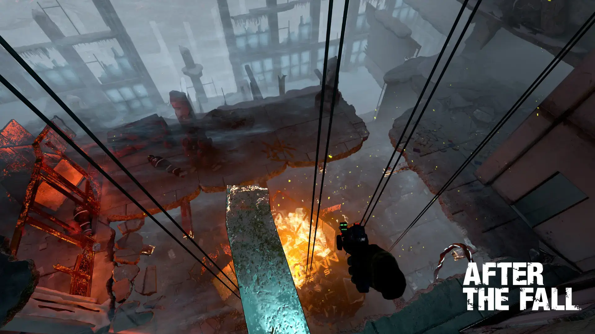 After the Fall Free Roam VR screenshot showing a player crossing a broken high-rise plank in frozen Los Angeles.
