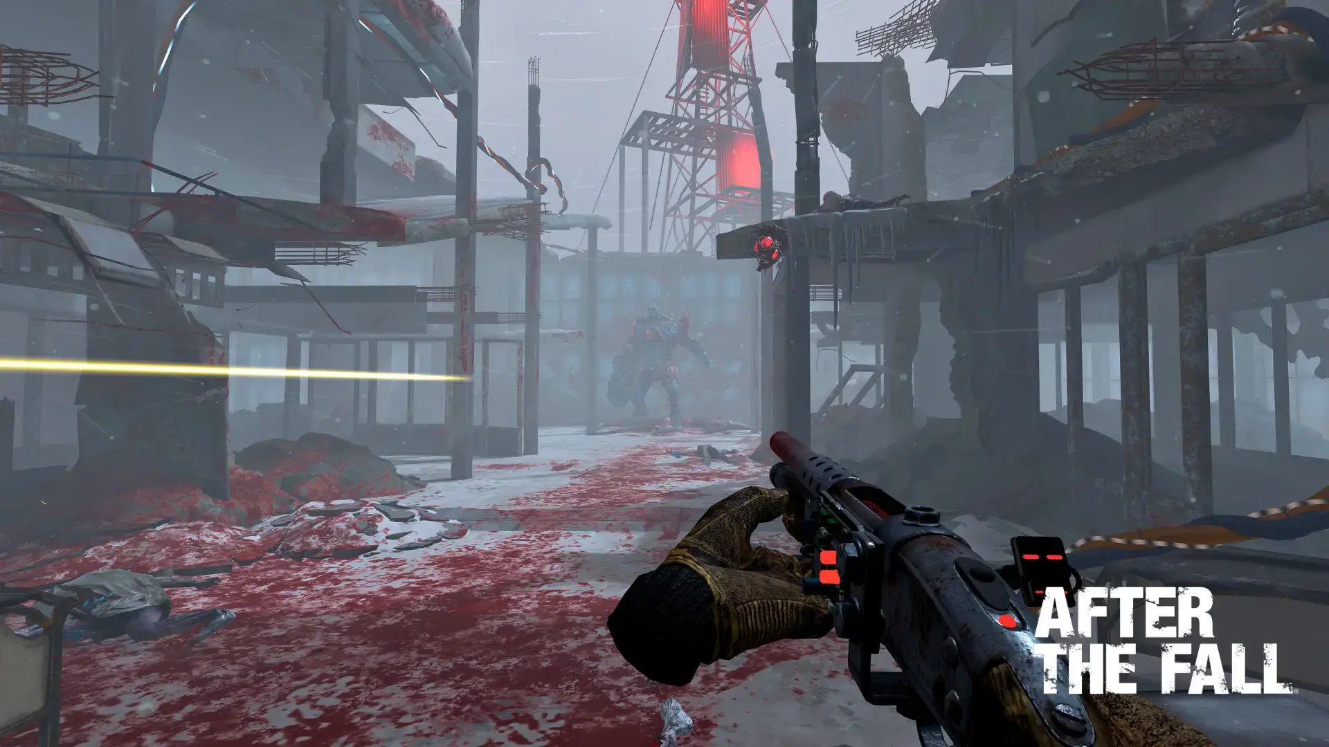 After the Fall Free Roam VR screenshot showing a player aiming at a towering Snowbreed boss in frozen Los Angeles.