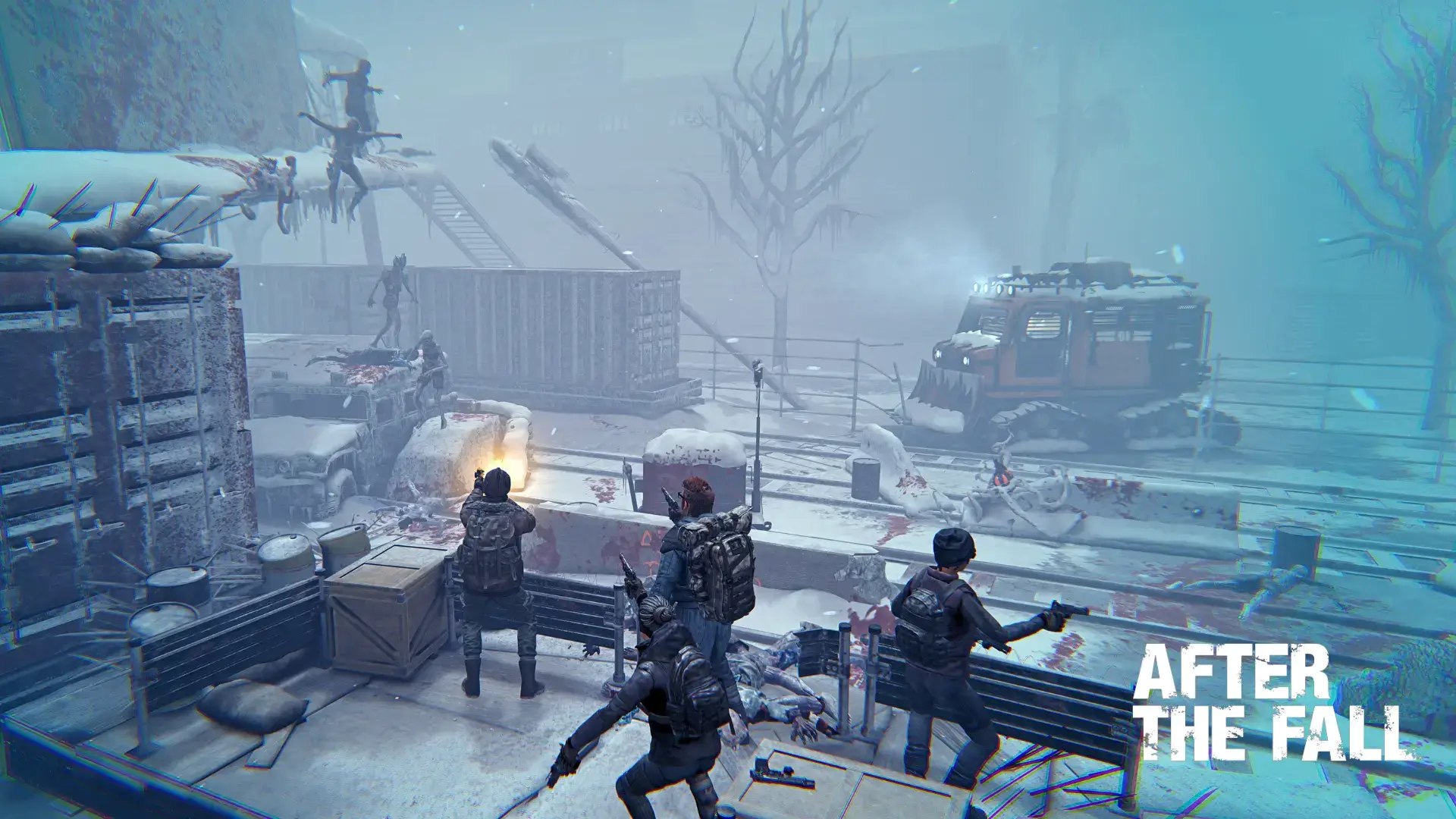 After the Fall Free Roam VR screenshot showing a squad fighting Snowbreed in frozen Los Angeles.