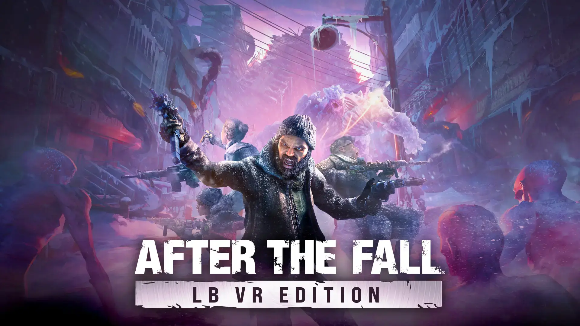 After the Fall Free Roam VR main image showing survivors fighting Snowbreed in a frozen city.