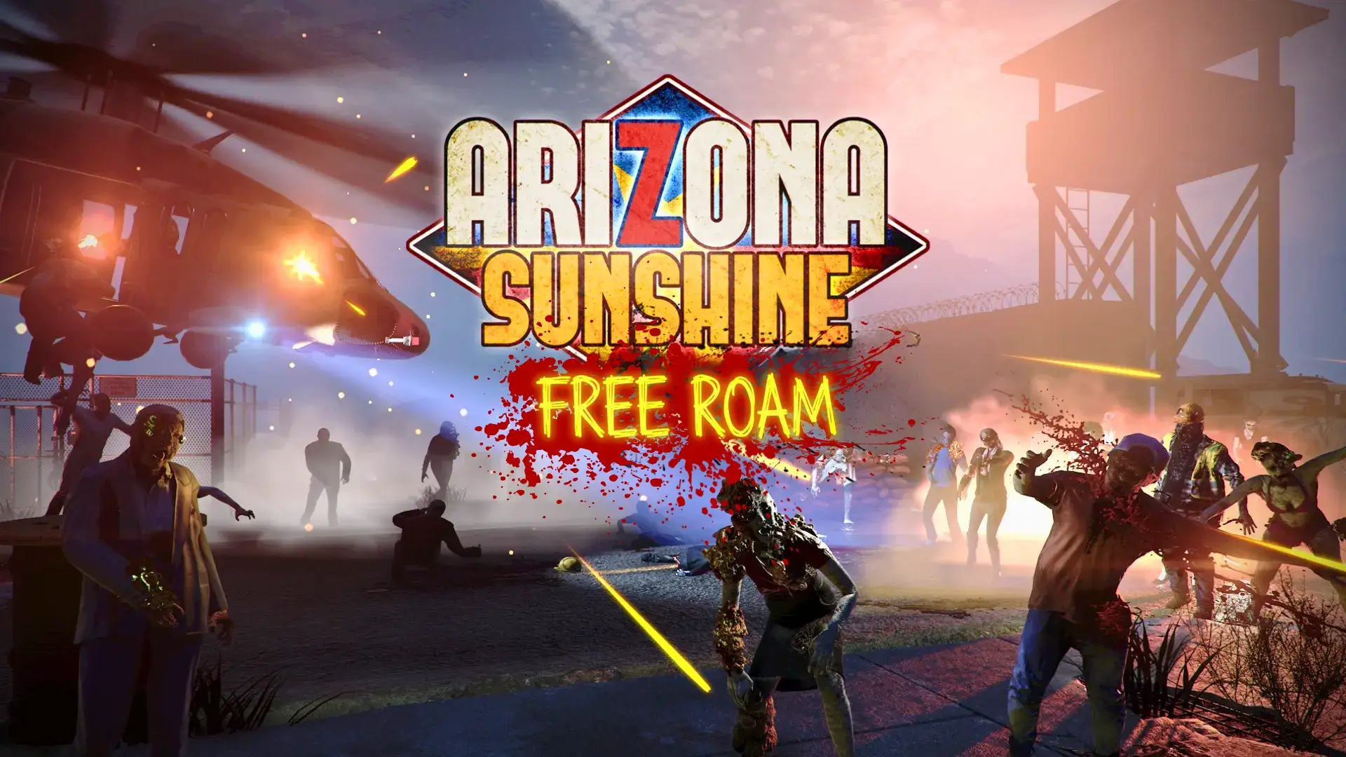 Arizona Sunshine Free Roam VR game logo with zombie apocalypse scene at desert military base with helicopter and undead