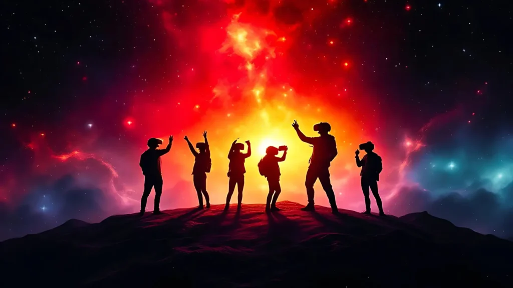 Silhouettes of people playing VR on a hill with a bright space themed red and yellow background